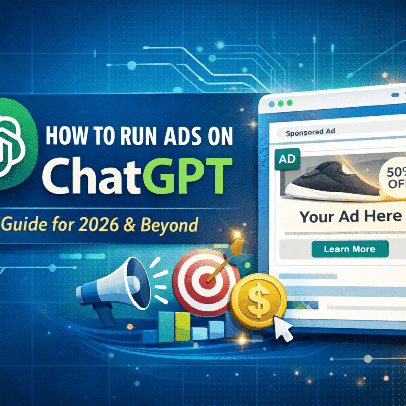 Banner graphic for ‘How to Run Ads on ChatGPT’ showing the ChatGPT logo, a sponsored ad preview on a phone screen, and digital marketing icons on a blue circuit-style background.